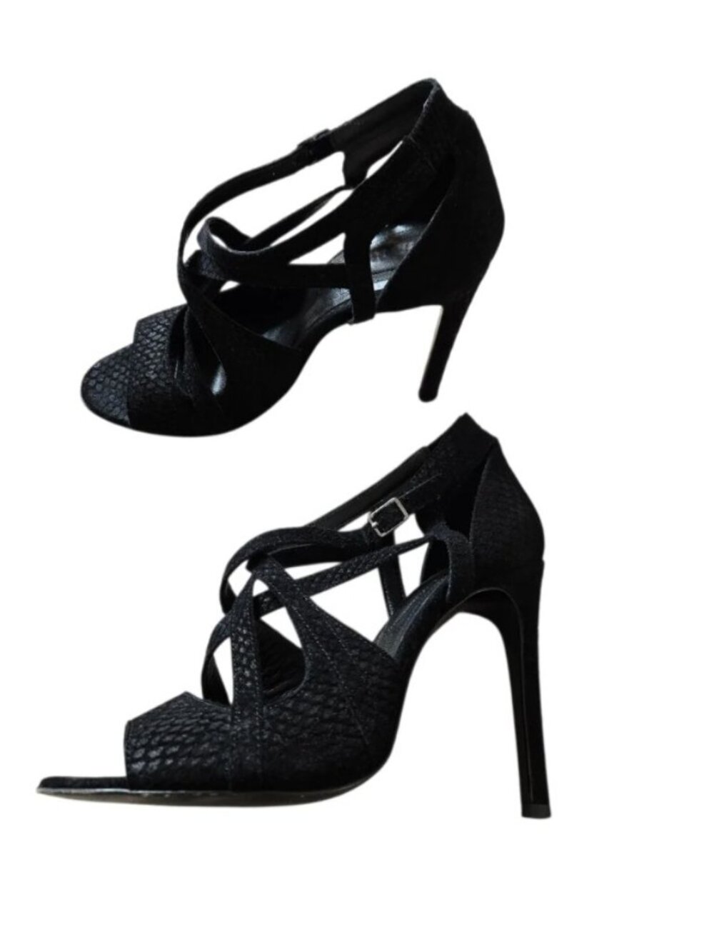 THE KOOPLES Black Suede Snake Embossed Heeled Sandals Womens Size EU37 US 6-6.5
